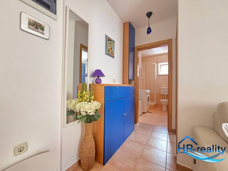Der Flur in einer 2-Zimmer-Wohnung mit Zugang zum Badezimmer, blauen Möbeln und dekorativen Blumen.