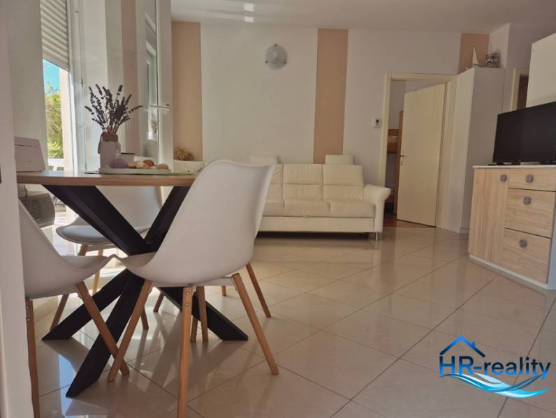 Innenraum einer 2-Zimmer-Wohnung mit hellem Wohnzimmer, Esstisch und Sofa.