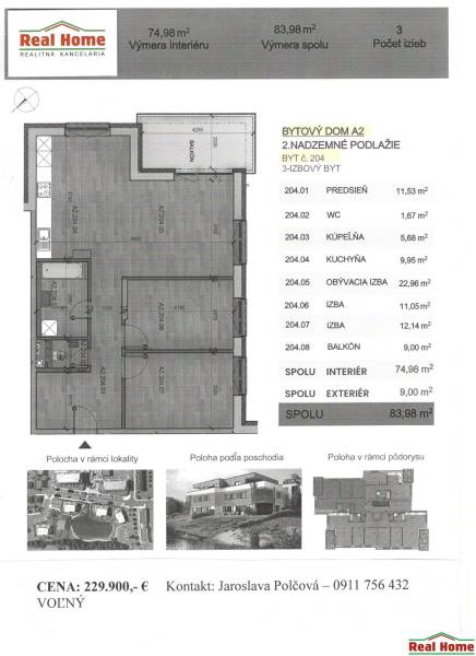 Grundriss einer 3-Zimmer-Wohnung mit einer Fläche von 74,98 m², einem Balkon und der Anordnung der Zimmer.
