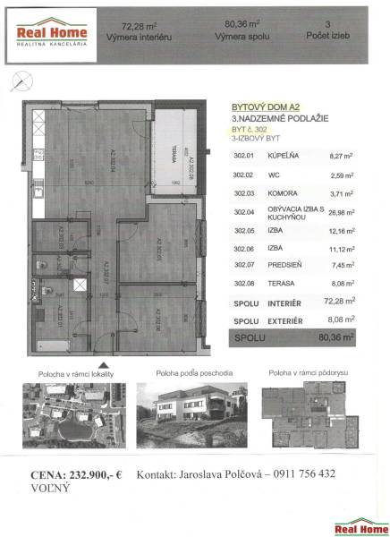 Grundriss einer 3-Zimmer-Wohnung im Geschoss mit einer Fläche von 72,28 m², Terrasse 8,08 m².