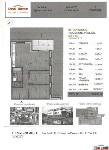 3-Zimmer-Wohnung mit einer Fläche von 74,99 m² und einer Terrasse von 182 m².