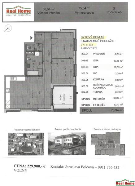 Grundriss einer 3-Zimmer-Wohnung mit Flächenangaben der Räume, einschließlich Küche und Terrasse.