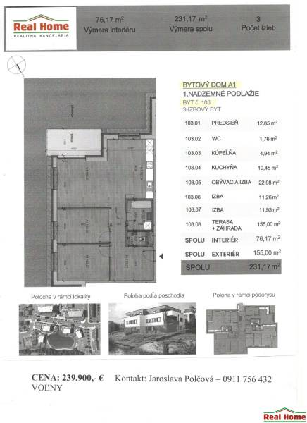 Grundriss einer 3-Zimmer-Wohnung mit Terrasse und Garten, Vtáčia, Senec. Innenfläche 76,17 m².