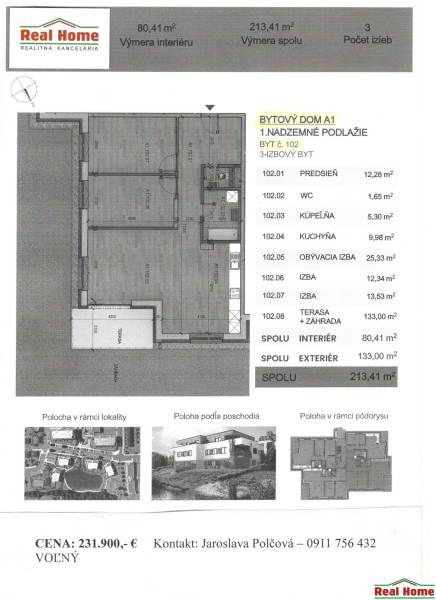 Grundriss einer 3-Zimmer-Wohnung zum Verkauf mit Terrasse und Außenfläche.