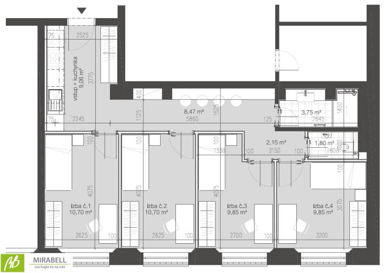 Grundriss einer 4-Zimmer-Wohnung mit vier Zimmern und einer Küche, Gesamtfläche angezeigt.