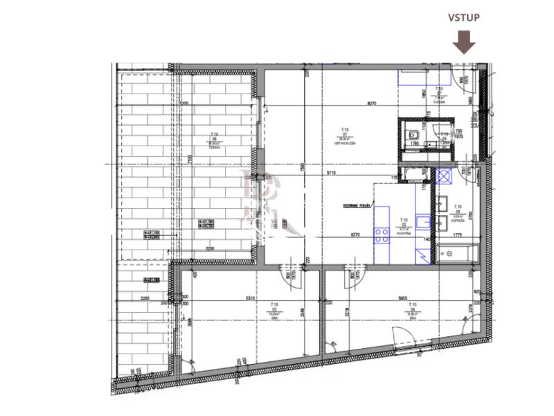 Grundriss einer 3-Zimmer-Wohnung mit Küche, Wohnzimmer und Terrasse.