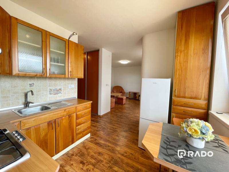 Holzküche mit Esstisch und Blick ins Wohnzimmer, 2-Zimmer-Wohnung.
