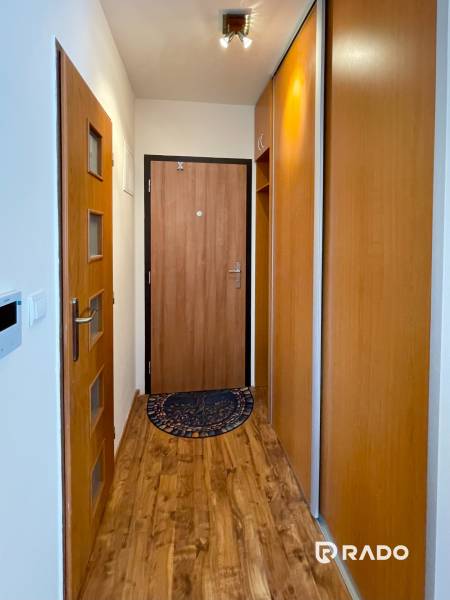 Der Flur in einer 2-Zimmer-Wohnung mit Holzboden und Einbauschrank.