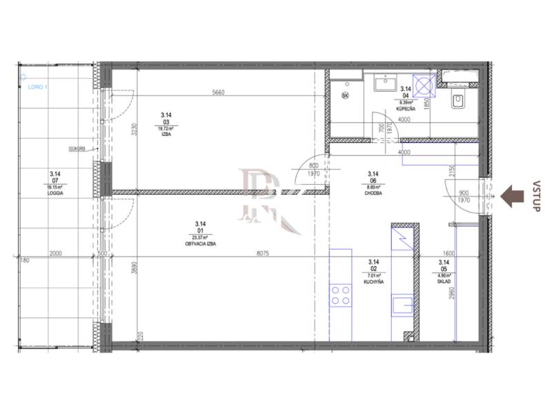 Grundriss einer 2-Zimmer-Wohnung mit Wohnzimmer, Küche, Badezimmer und Loggia.