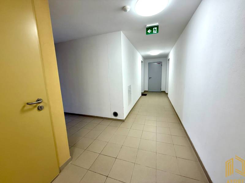 Beiger Flur mit hellen Wänden in einer 2-Zimmer-Wohnung, Tür auf der linken Seite.