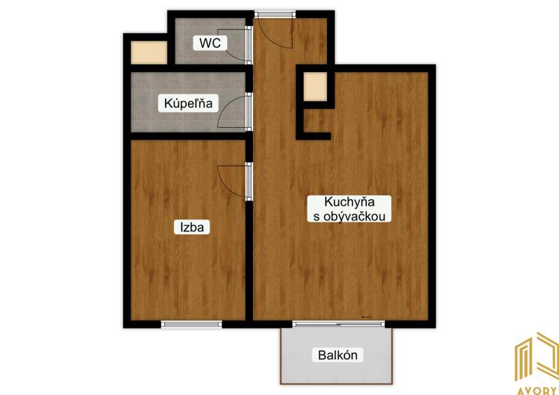 Grundriss einer 2-Zimmer-Wohnung mit Badezimmer, WC, Küche mit Wohnzimmer und Balkon.