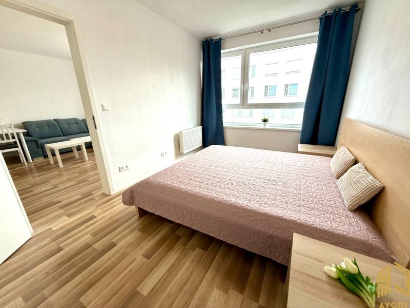 Helles Schlafzimmer in einer 2-Zimmer-Wohnung mit Bett, Fenster und Blick ins Wohnzimmer.