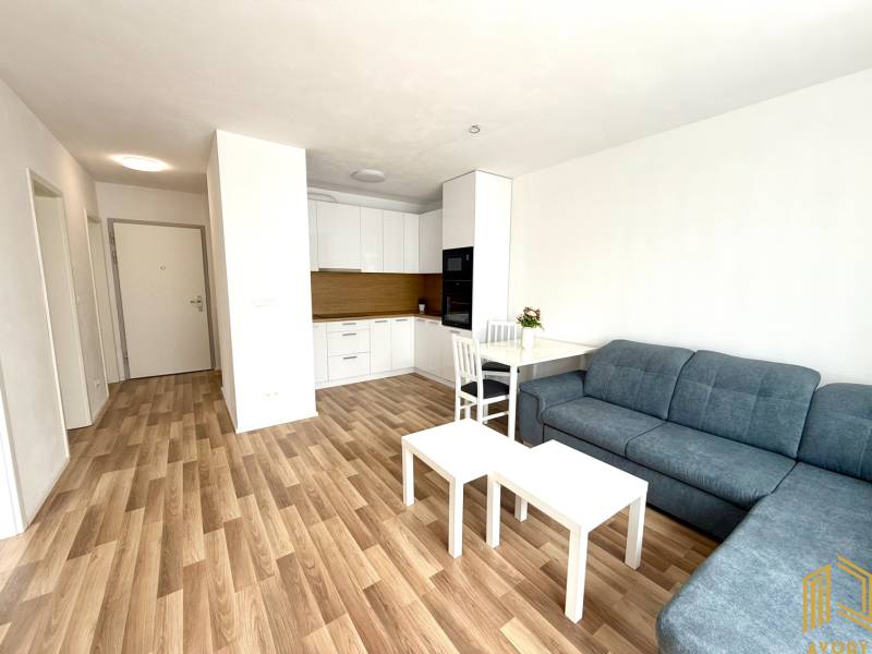 Wohnzimmer in einer 2-Zimmer-Wohnung mit Holzboden und Kochnische.