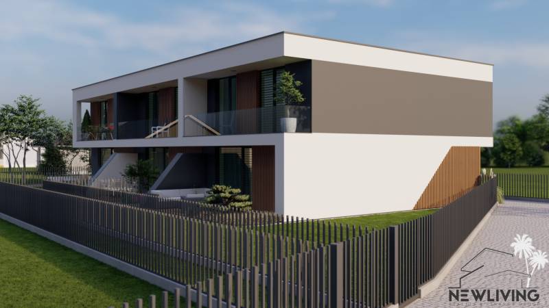 Ein Einfamilienhaus in Piešťany mit modernem Design und Garten, umgeben von einem Zaun.