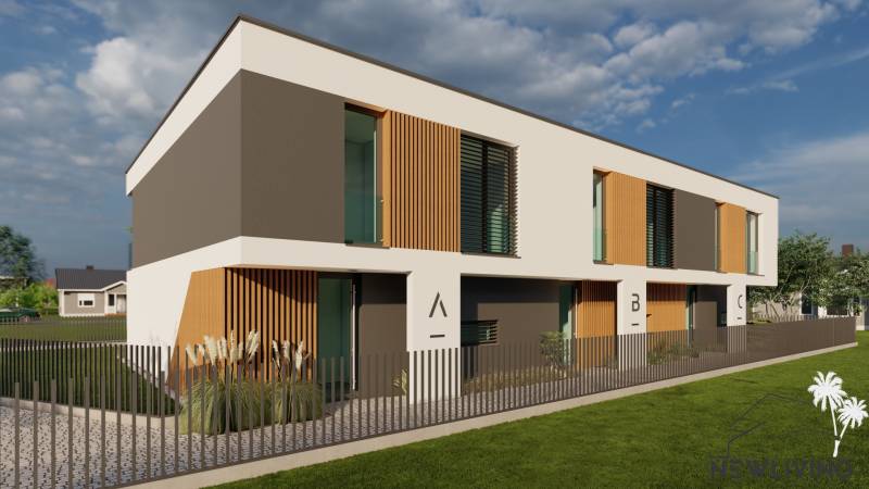 Ein Einfamilienhaus in Piešťany mit modernen Fassaden, großen Fenstern und einem Garten.