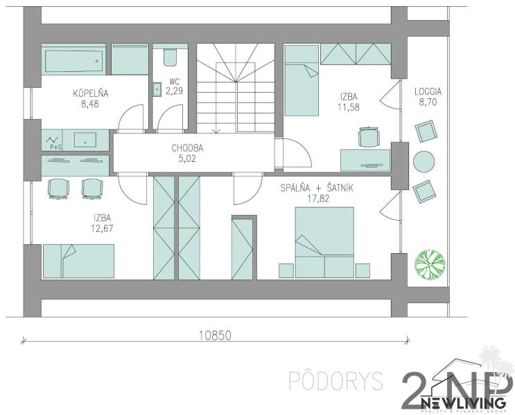 Grundriss des zweiten Obergeschosses eines Einfamilienhauses: Zimmer, Badezimmer, Flur, Loggia und WC.