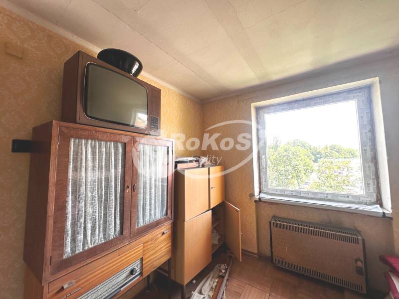 Vintage Möbel und Fernseher in einer 3-Zimmer-Wohnung mit Blick aus dem Fenster.