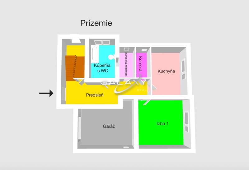 Grundriss des Erdgeschosses eines Einfamilienhauses mit Garage, Küche und Badezimmer.