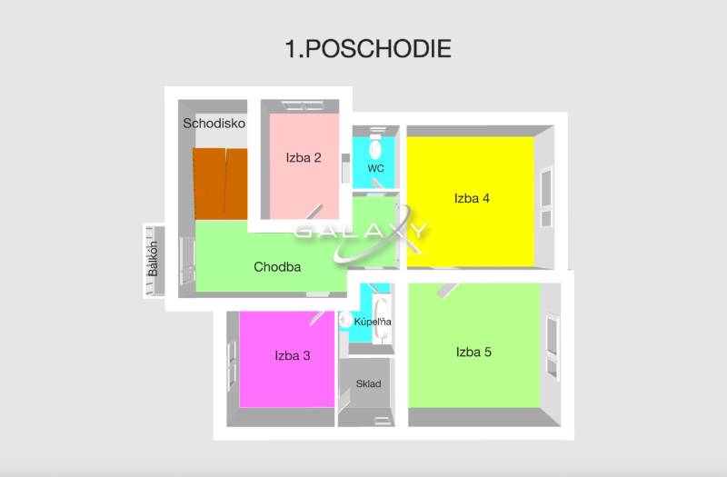 Grundriss des 1. Obergeschosses eines Einfamilienhauses mit fünf Zimmern, einem Badezimmer, einer Toilette und einem Abstellraum.