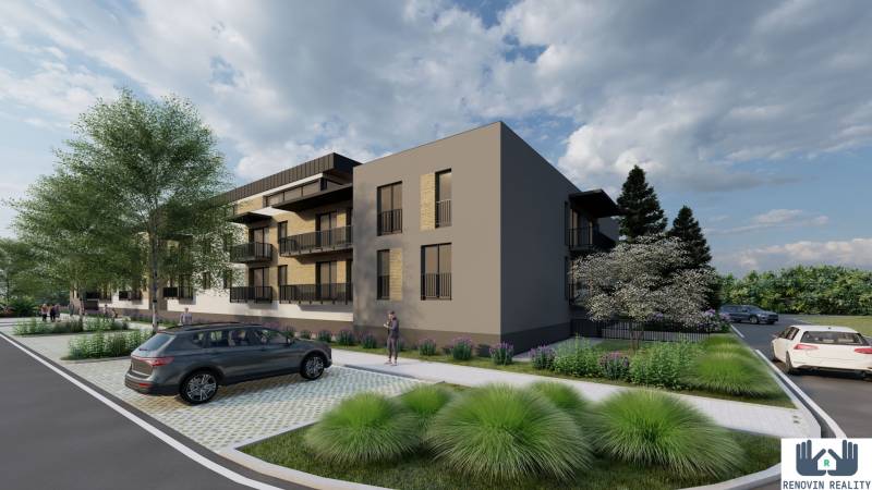 Visualisierung des Wohnungsbaus in Kriváň, modernes Wohngebäude mit Parkplätzen und Grünflächen.
