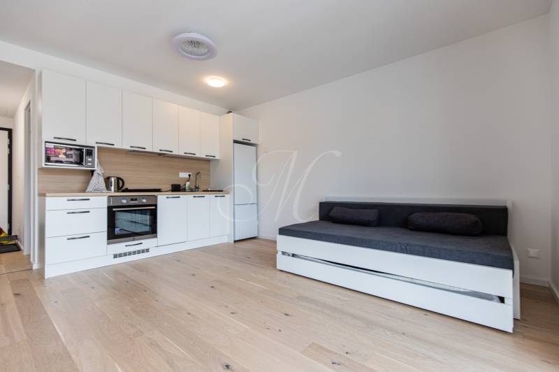 Kompakte Küche mit weißen Schränken und ausziehbarem Sofa in einer Einzimmerwohnung.