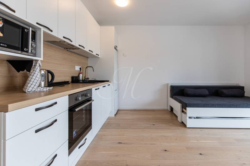 Küche in einer Einzimmerwohnung mit Herd und Sofa auf Holzboden.