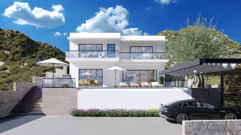 Villa in Duće mit Terrasse, Bergblick und geparktem Auto.