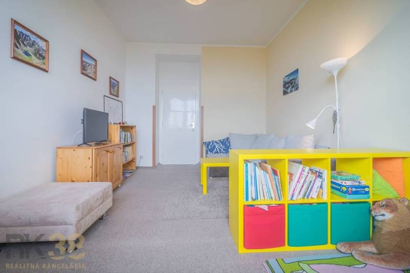 Ein Zimmer in der 3-Zimmer-Wohnung enthält ein Sofa, einen Fernseher, Bücherregale und bunte Boxen.