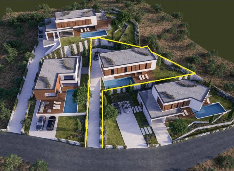 Luxusvillen mit Pools in Vodice, umgeben von Grün und moderner Architektur.