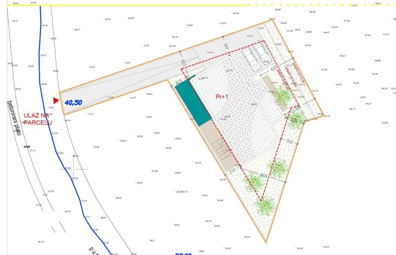 Architektonischer Plan einer Villa in der Stadt Vodice mit geplanter Anordnung und Lage des Grundstücks.