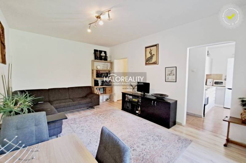 Wohnzimmer in einer 3-Zimmer-Wohnung mit Sofa, Teppich und Einbauschrank.