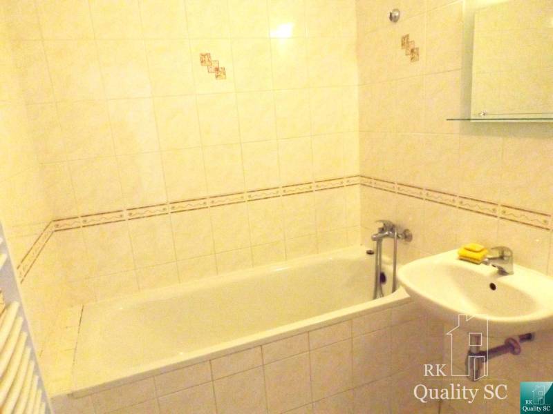 Badezimmer mit Badewanne und Waschbecken in einer Einzimmerwohnung.