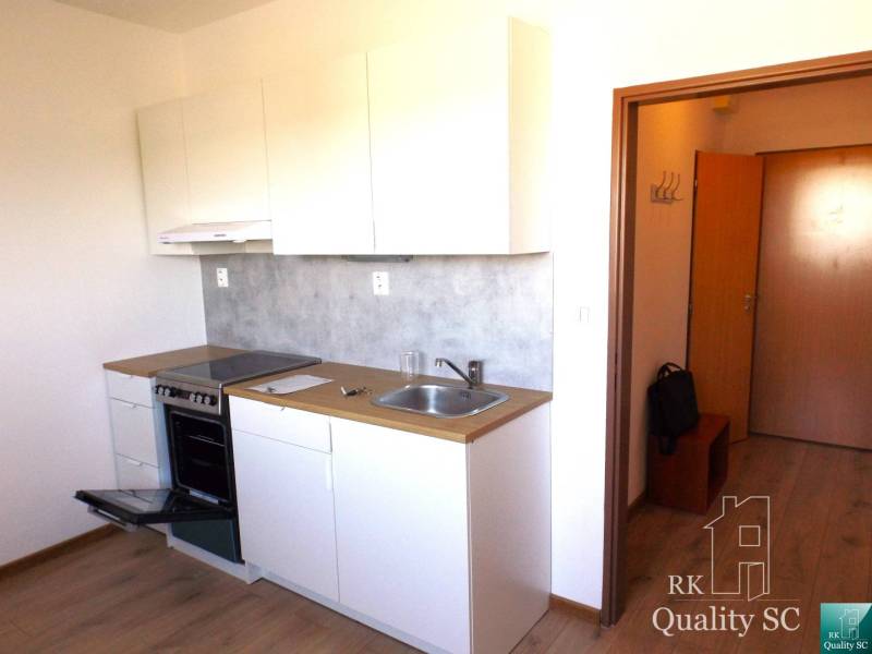 Küche in einer Einzimmerwohnung mit Herd und Spüle, helle Holzböden.