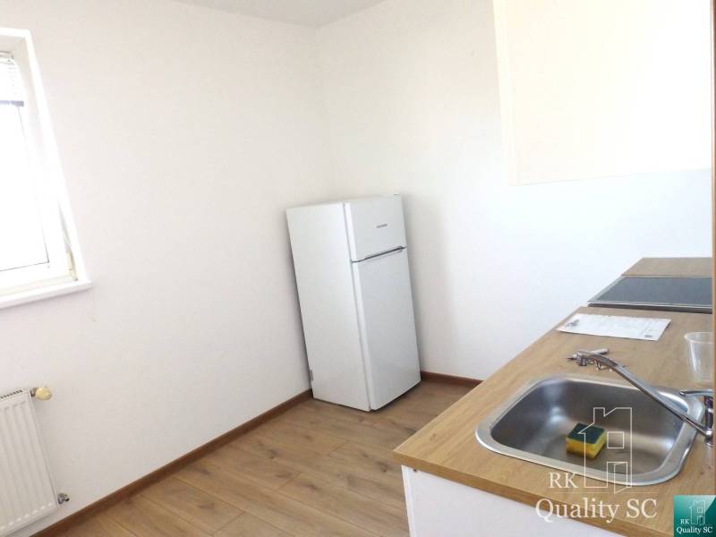 Küche in einer Einzimmerwohnung mit Holzboden und Kühlschrank.