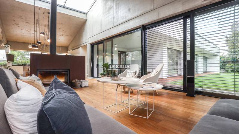 Wohnzimmer mit Kamin in einem Einfamilienhaus, große Fenster mit Blick auf den Garten.