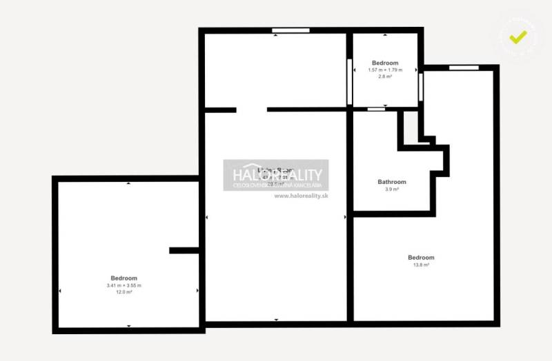 Der Grundriss zeigt die Anordnung einer 2-Zimmer-Wohnung mit zwei Schlafzimmern und einem Badezimmer.