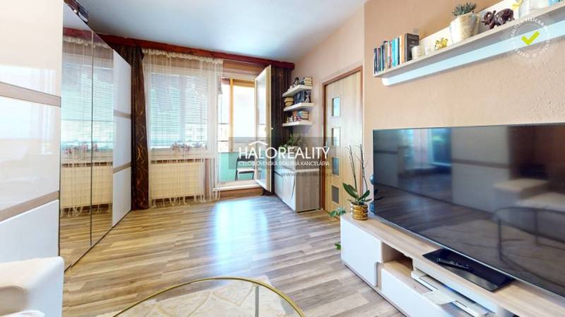 Wohnzimmer in einer Zweizimmerwohnung mit Fernseher, Regalen und Zugang zum Balkon.