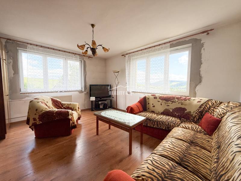 Wohnzimmer eines Einfamilienhauses mit Sofas, Fernseher und Tisch, helle Atmosphäre.