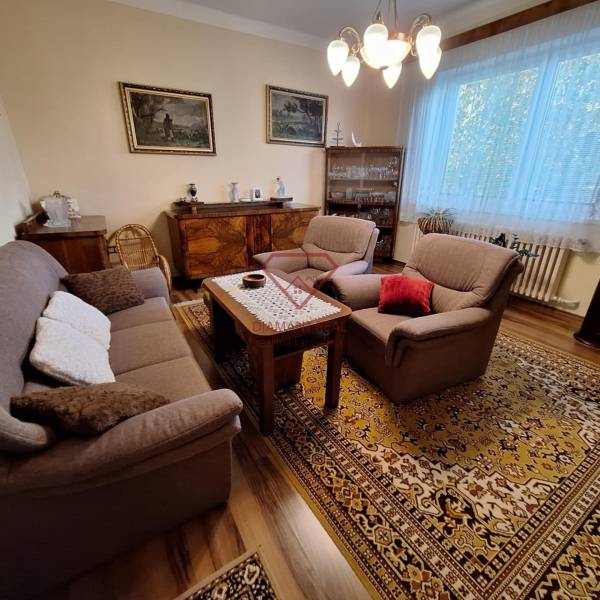 Wohnzimmer in einem Einfamilienhaus mit bequemen Möbeln und einem orientalischen Teppich.