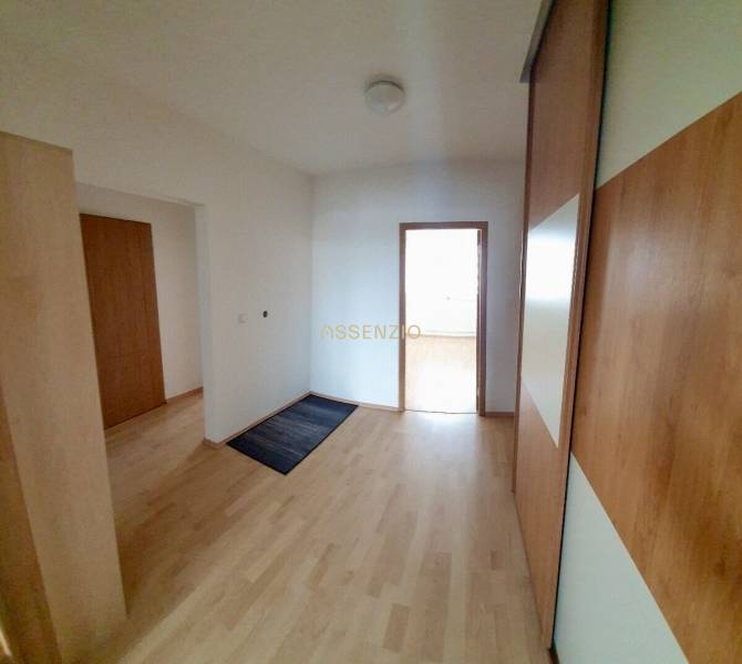Flur in einer 3-Zimmer-Wohnung mit Holzboden und Einbauschrank.