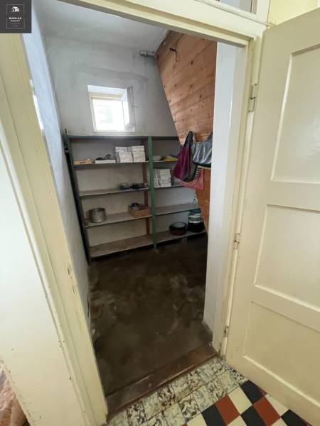 Speisekammer in einem Einfamilienhaus mit Regalen, offenem Fenster und Holzverkleidung an der Wand.