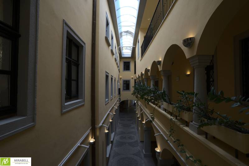 Ein Flur in Büros mit Glasdach und Pflanzen.