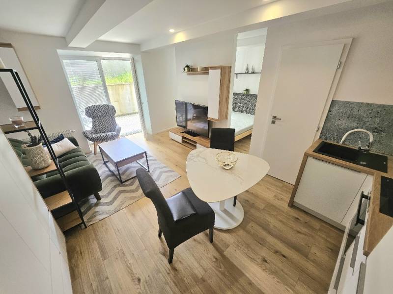 Obývací Raum in einer Einzimmerwohnung mit Küchenzeile und Esstisch.