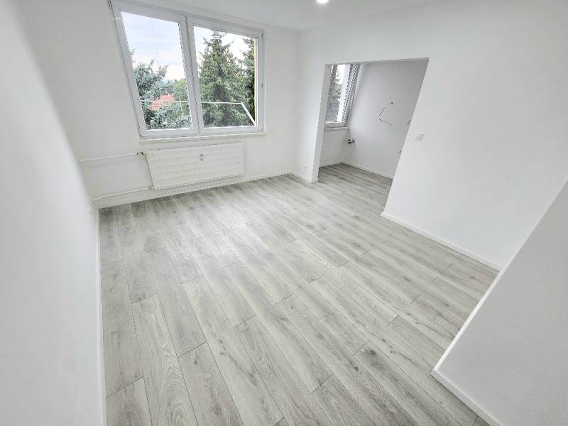 Helles Zimmer in einer 3-Zimmer-Wohnung mit hellem Boden und zwei Fenstern.