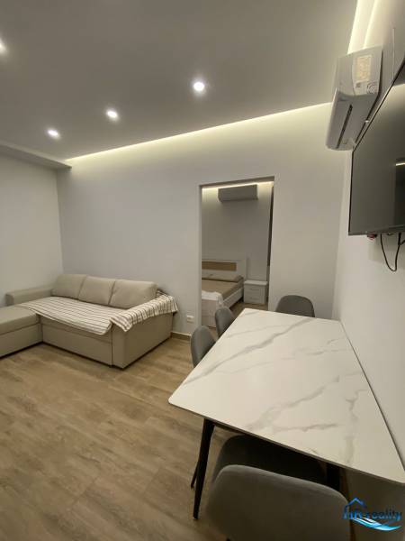 Wohnbereich eines Ferienapartments mit Sofa, Esstisch und Zugang zum Schlafzimmer.