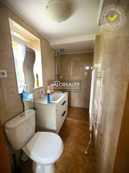 Badezimmer in einem Einfamilienhaus mit Dusche, Toilette und Waschbecken.