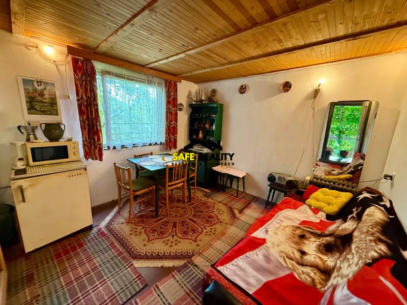 In der Hütte mit der Holzdecke befinden sich ein Tisch, Stühle und ein antiker Kühlschrank.