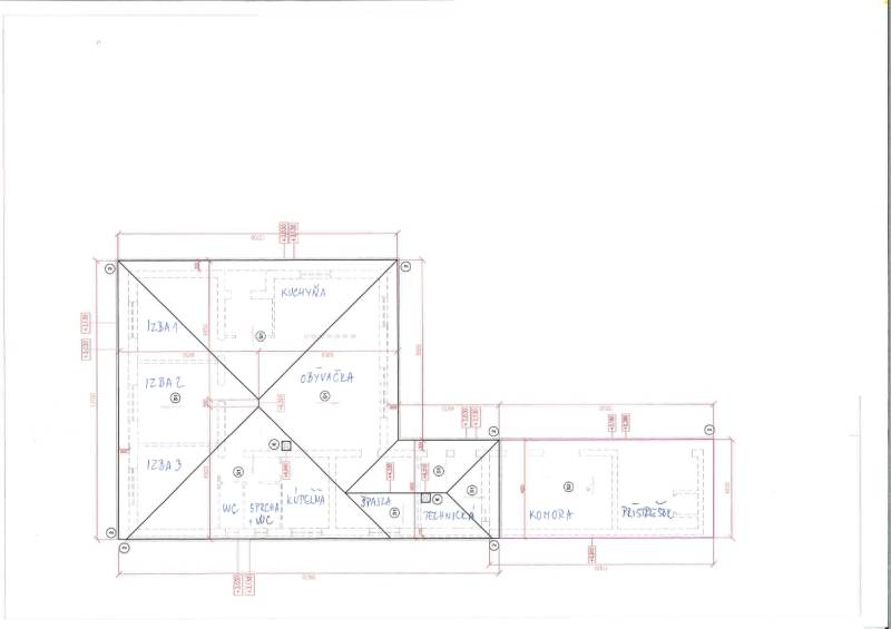 Grundriss eines Einfamilienhauses mit Räumen: Küche, Wohnzimmer, Zimmer, Badezimmer, Speisekammer, Unterstand.