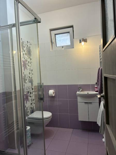 Badezimmer mit Fliesen in einem Einfamilienhaus, Duschkabine, Waschbecken, Toilette.