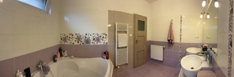 Ein Badezimmer in einem Einfamilienhaus mit einer breiten Badewanne, einem Doppelwaschbecken, gemusterten Fliesen und einem großen Spiegel.